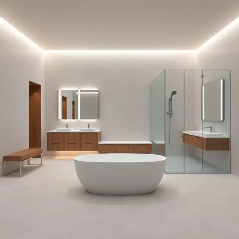 Prostokątna łazienka z wanną i prysznicem