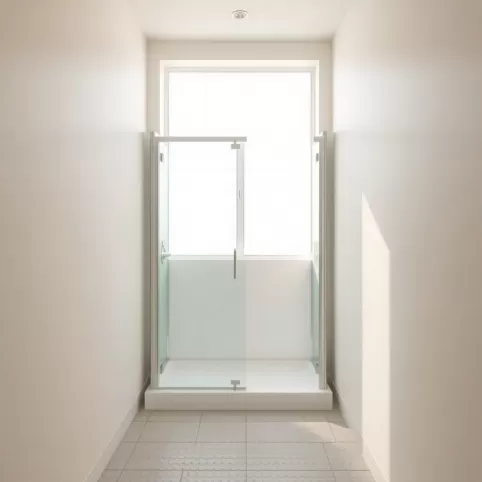 Wąska łazienka z oknem i prysznicem